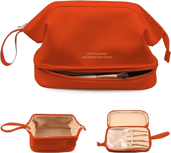 Estuche de viaje cosmético para mujer, bolsa de tocador de cuero vegano suave, personalizada, grande, de doble capa, impermeable y multifuncional