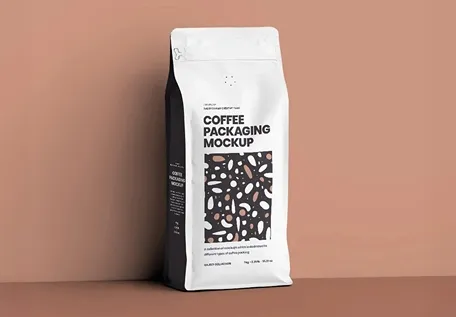 Bolsa plana de fondo con pliegues de acordeón extendidos y soporte para café