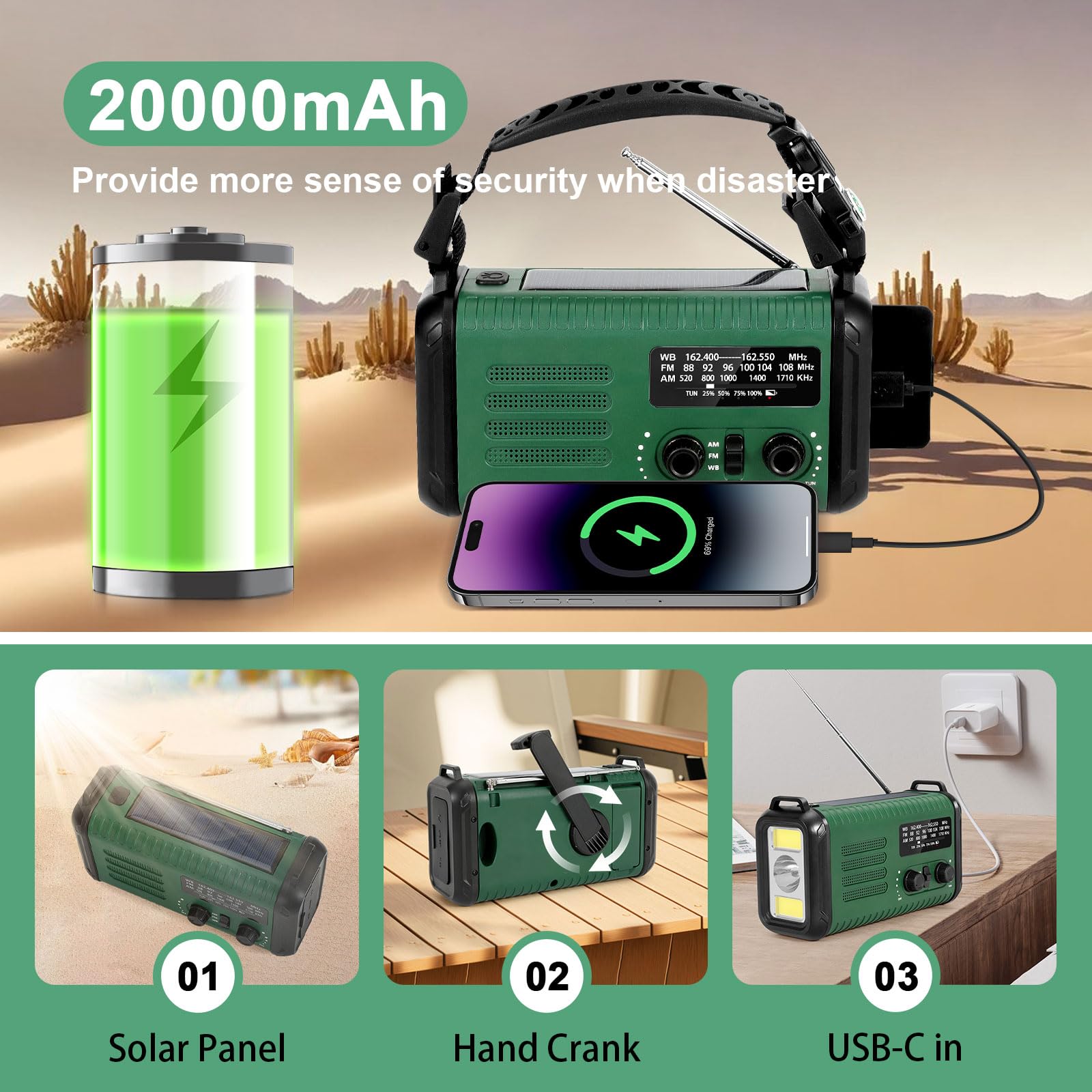 Hot Sale Hand Crank Self Powered Solar Emergency Survival Radios With 3 LED Flashlight 20000mah Power Bank Smart Phone Charger