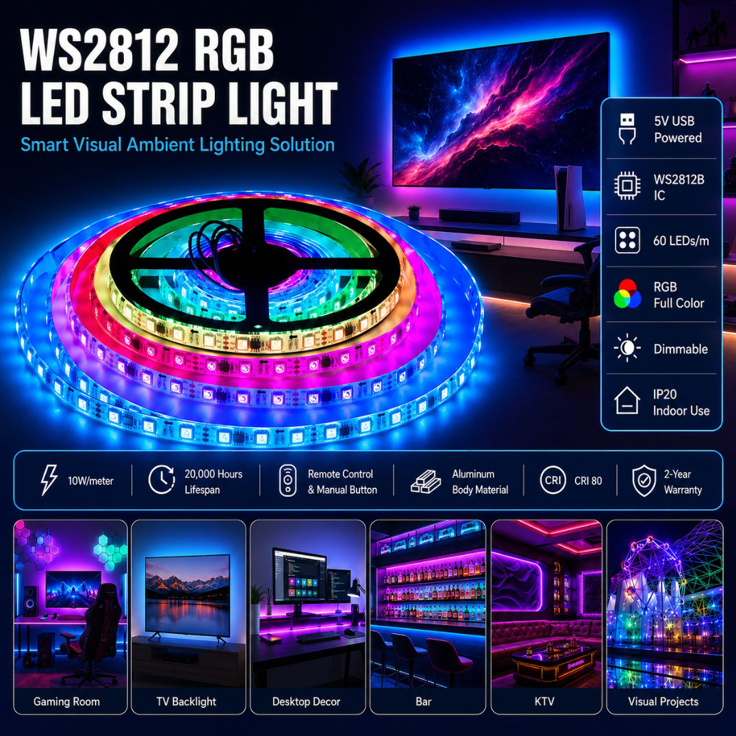 Addressable RGB Led Strip 5050 WS2812 60LED/M DC5V IP20 Copper with /USB Connectivity for Indoor Lighting