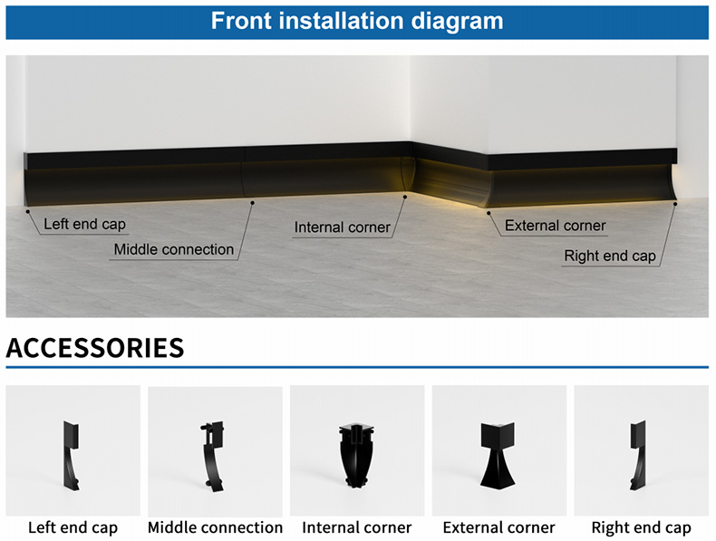Recessed Customized Aluminum Alloy LED Skirting Board Profile - Metal Baseboard with Light for Home Hotel Wall Decor