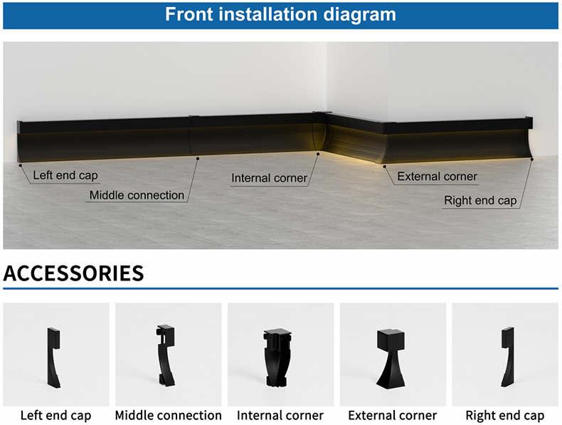 LED Aluminium Profile Skirting Board Line Strip Light Modern Black White Indoor Lighting for Home Wall Decor, Hotel Bar