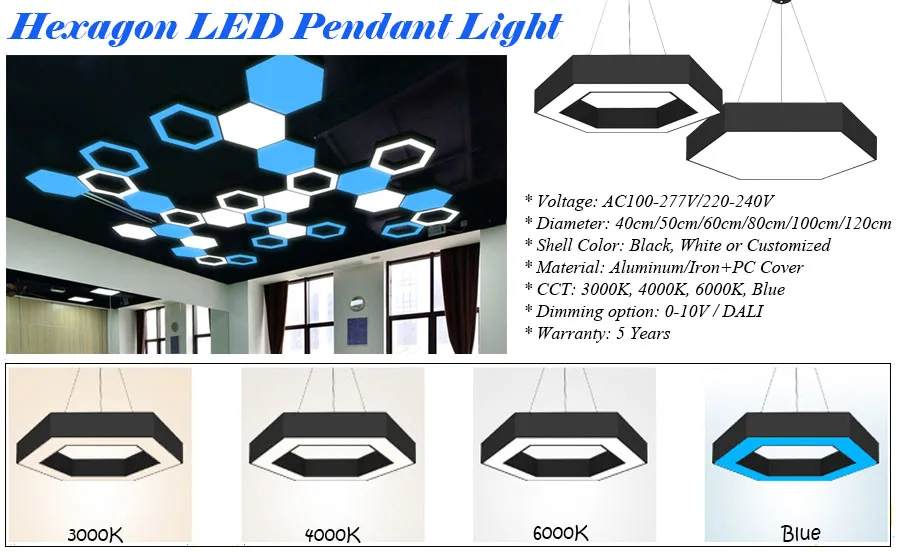 Cool White 6000K Hexagonal LED Pendant Light with Customized Design