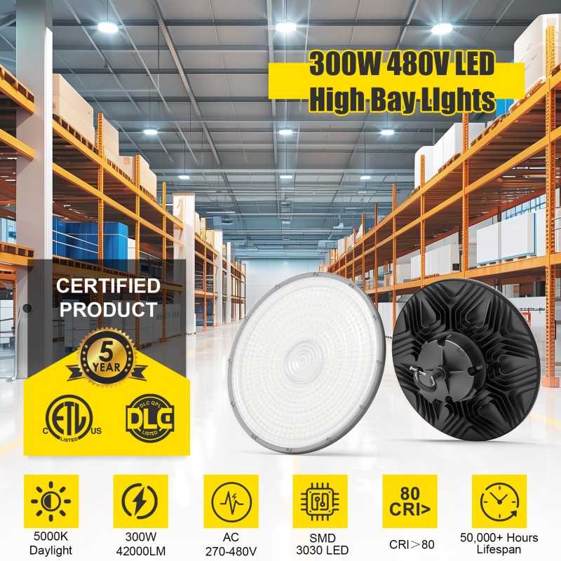 US Warehouse Led UFO Highbay Fixture 150W - 500W 150lm/W Dimmable Industrial Garage Ceiling Lamp High Bay Lighting DLC ETL