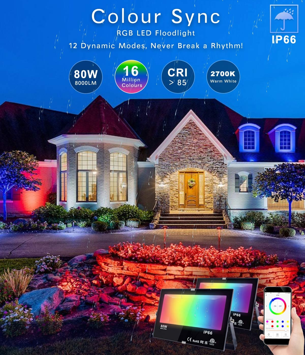 DUSKTEC High Brightness IP66 Outdoor 80W Smart RGB Flood Lights APP Control Multi Colour Warm White Aluminum LED Floodlight