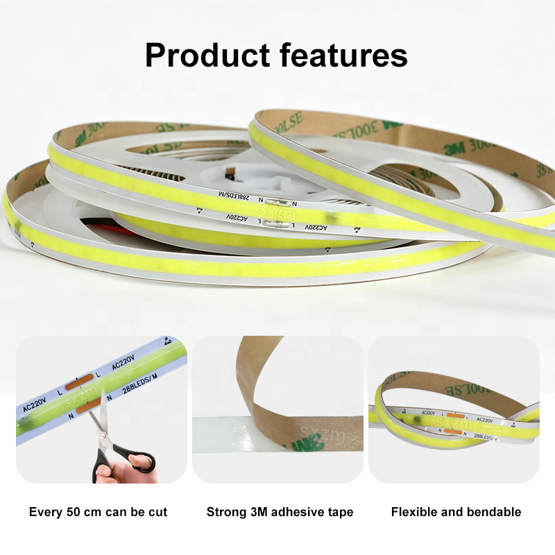 SXZM 220V COB LED Strip Light 288 LEDs High Voltage Flexible Dotless LED Tape IP20 Indoor Lighting