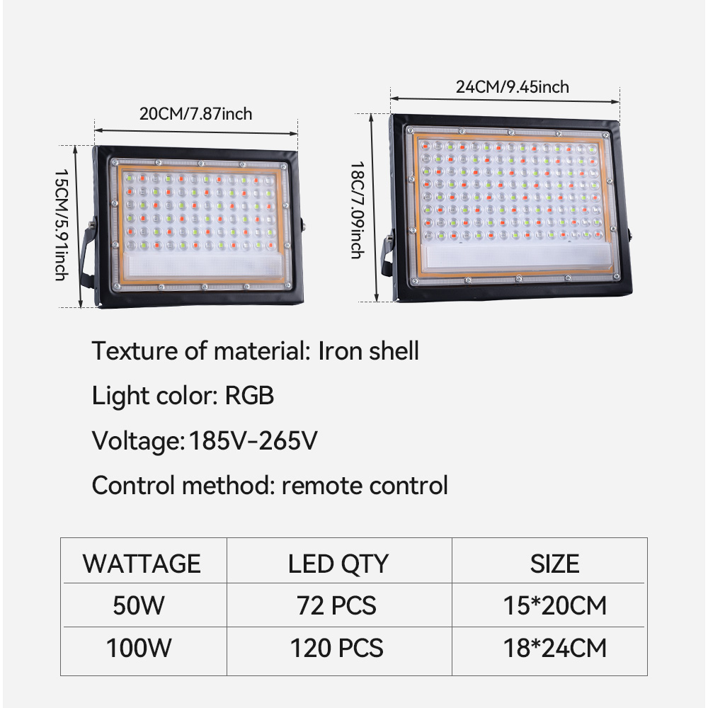 Modern Led RGB Flood Light Iron 50w/100w High Heat Dissipation 185v-265V Adjustable for Outdoor Courtyard &amp; Street Floodlight