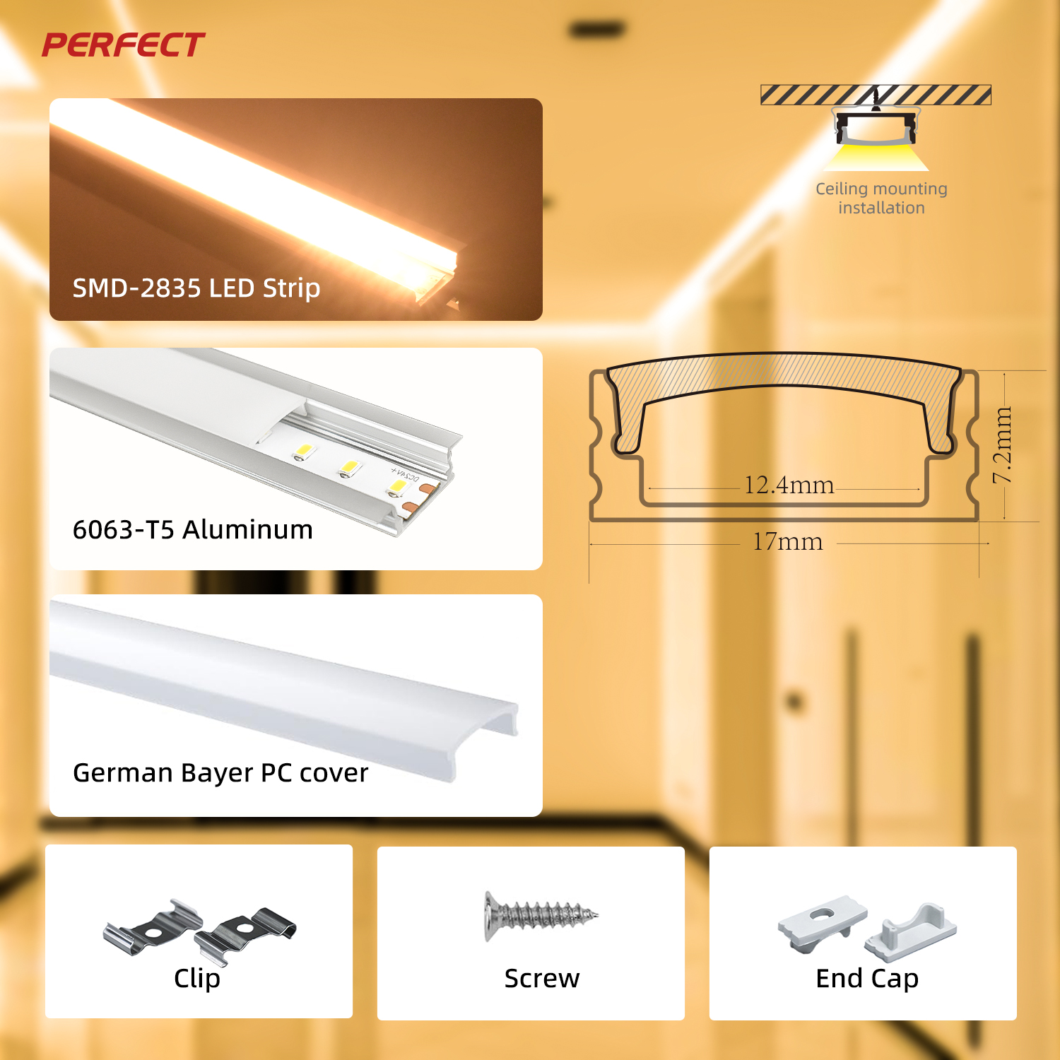 SMD2835 Super Bright LED Strip with 6063 Aluminum Profile (17x7mm Recessed) and German Bayer PC Cover--Ideal for Home Decoration