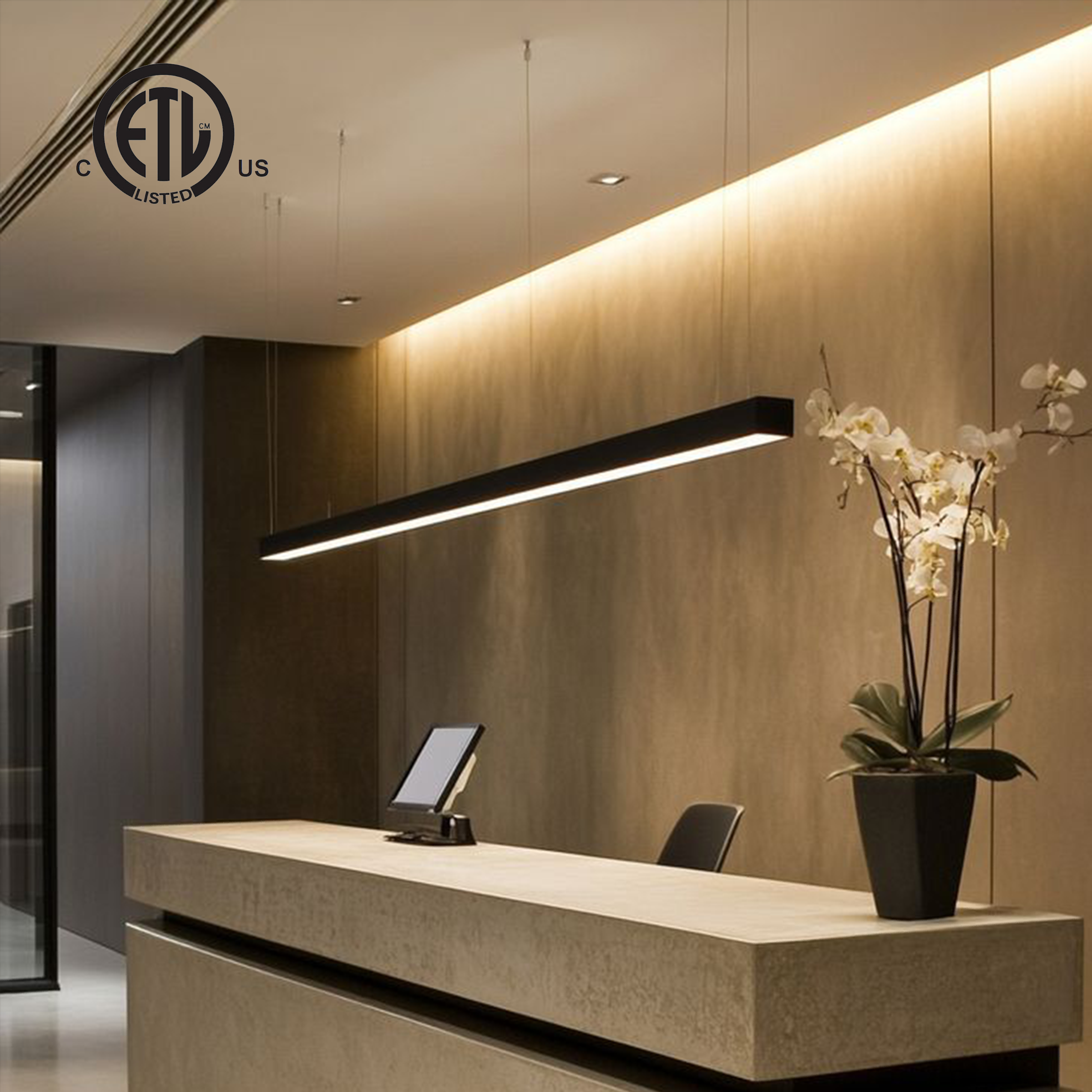 ETL Aluminum Office Suspended 20W-100W Linear LED Industrial Light Fixture With 5-Year Warranty IP44 Rated &amp; Dimmable