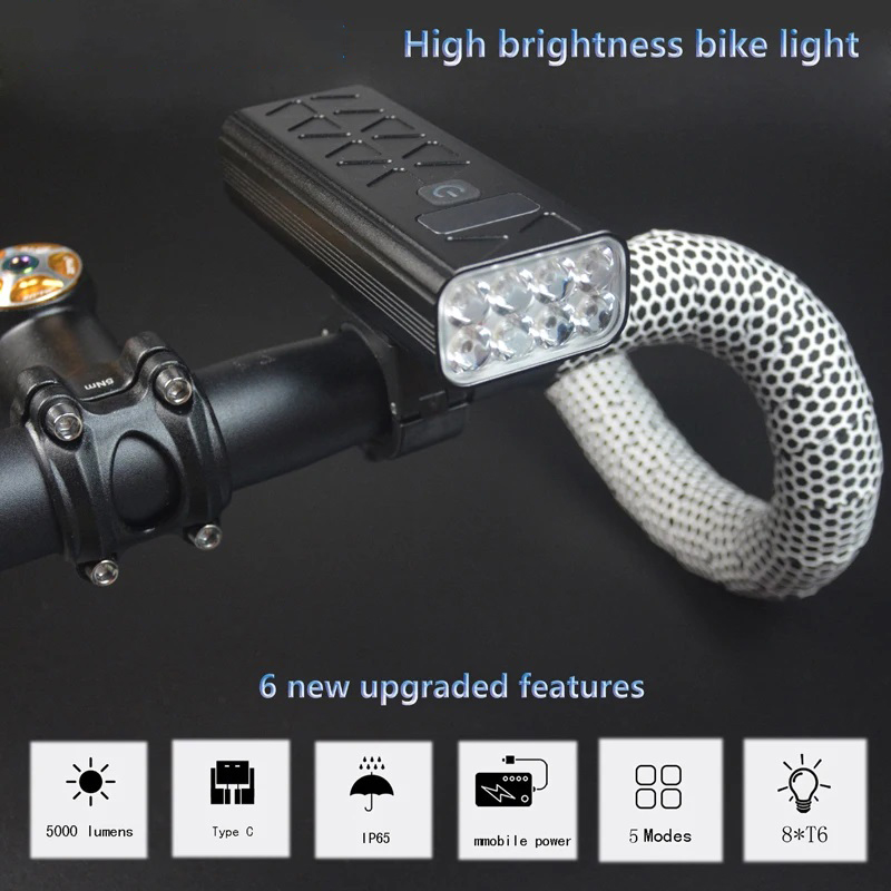 5000 Lumens Aluminum Alloy Front Bike Light LED Emergency Light Source Waterproof with IP65 Rating Road Mountain Night Riding
