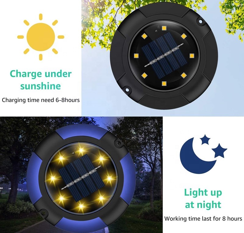 Solar Ground Lights 8 LED Disk Lights Solar Powered Waterproof In-Ground Lights for Garden, Lawn, Pathway, Walkway, Deck, Yard