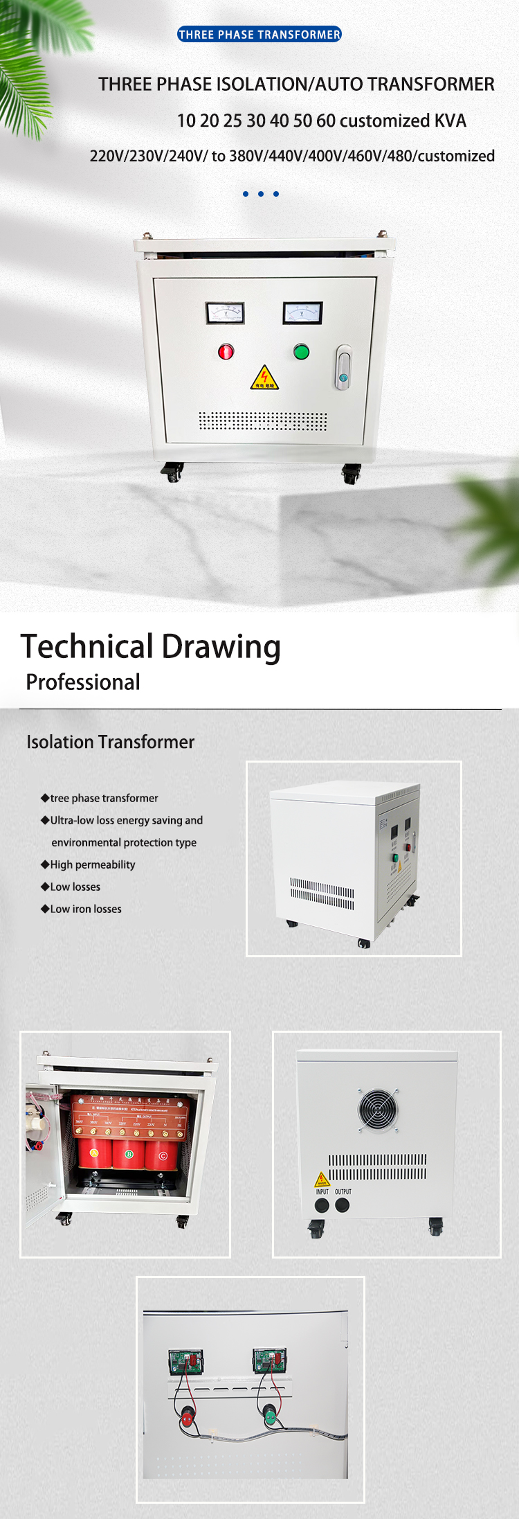 Custom 5kva 10kva 15kva 20kva 600v 480v 440v 400v 380v 220v 208v With Enclosure 3 Phase Step up Step Down Transformer