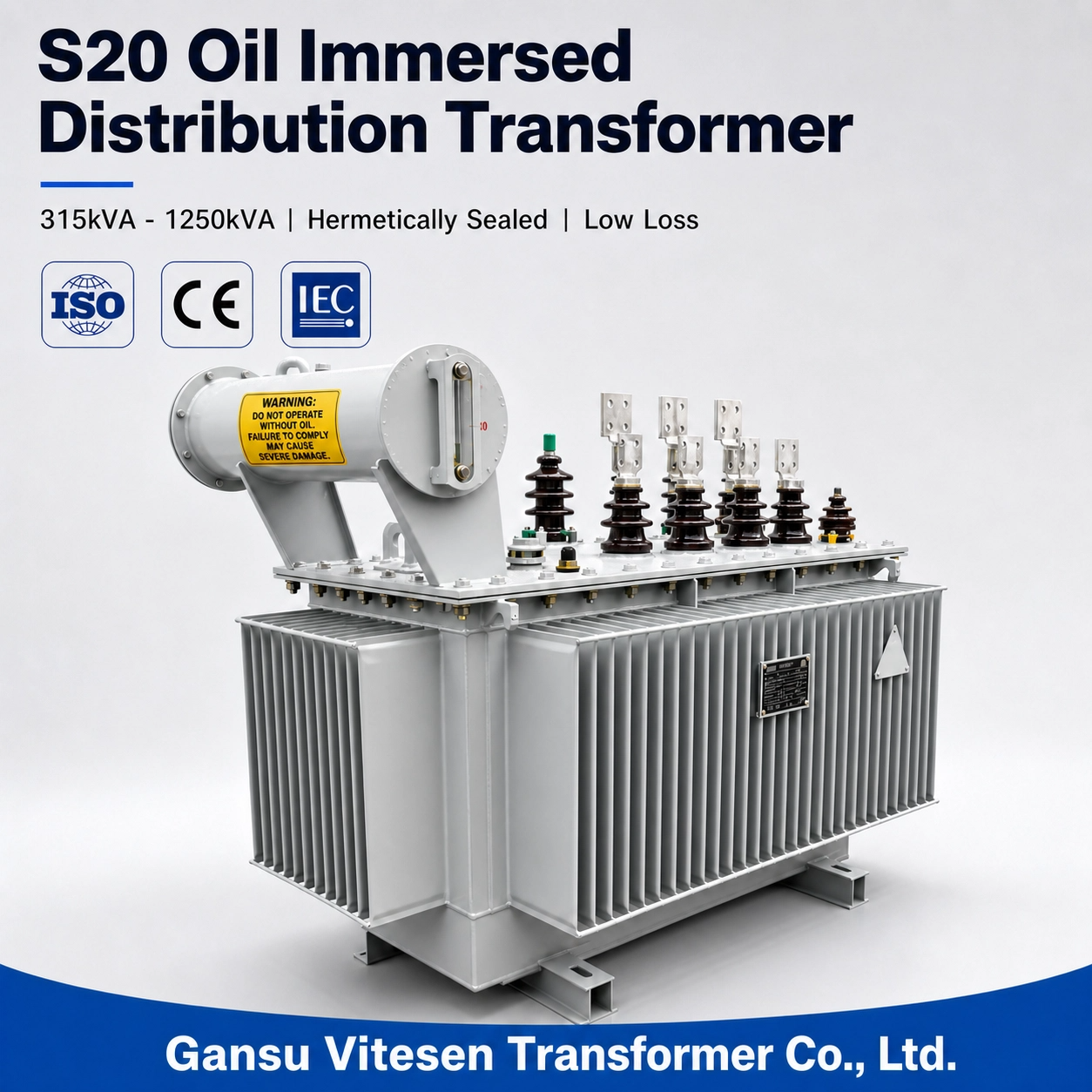 S20 Oil Immersed Distribution Transformer 315kVA 500kVA 800kVA 1000kVA 1250kVA Hermetically Sealed Low Loss for Factory Power
