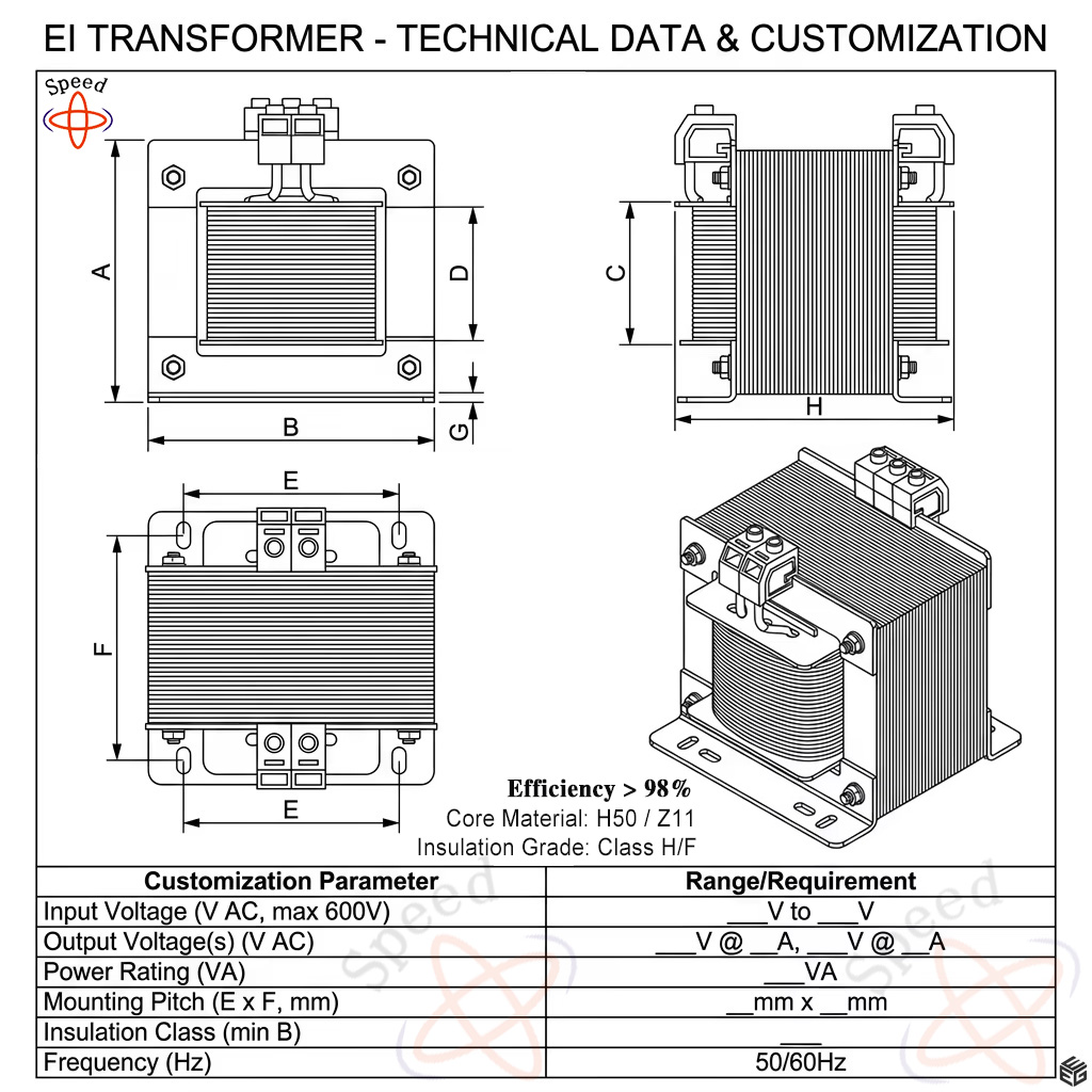 High Efficiency CE EI Low Frequency Transformer Single Phase Isolation Control Transformer for Small Batch OEM ODM Supply