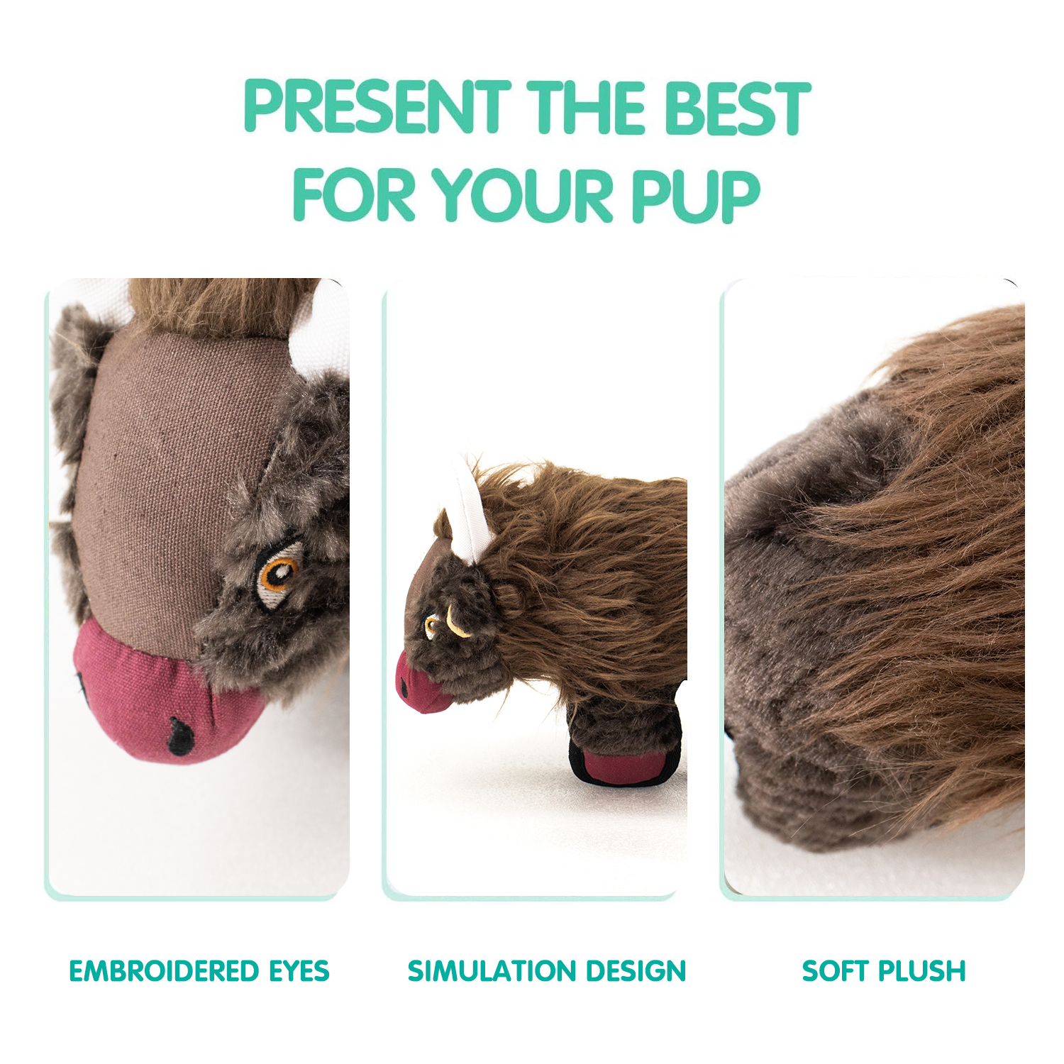 Manufacturer Custom Interactive Dog Toy Realistic Bison Plush Dog Chew Toy for Aggressive Chewers