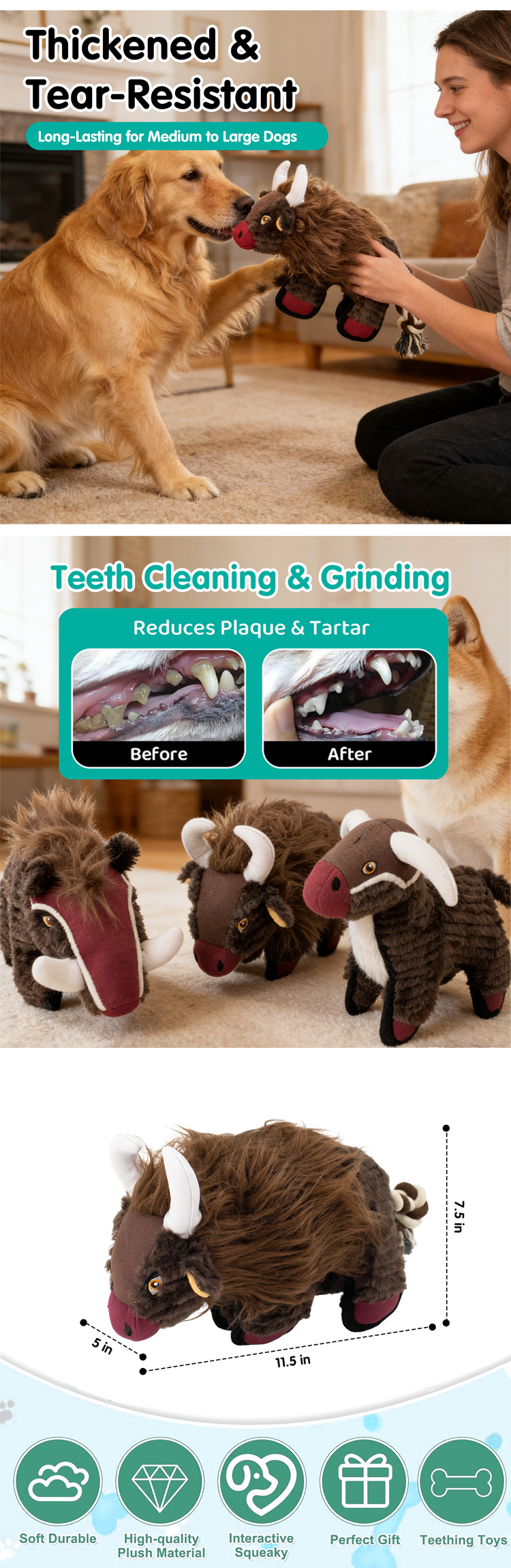 Manufacturer Custom Interactive Dog Toy Realistic Bison Plush Dog Chew Toy for Aggressive Chewers