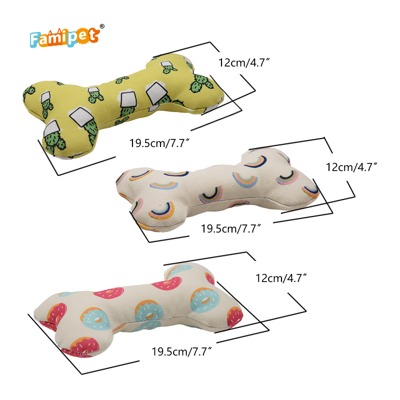 Famipet Custom Design Canvas Bones Series Soft Stuffed Squeaky Pet Toy Dog Toy Set
