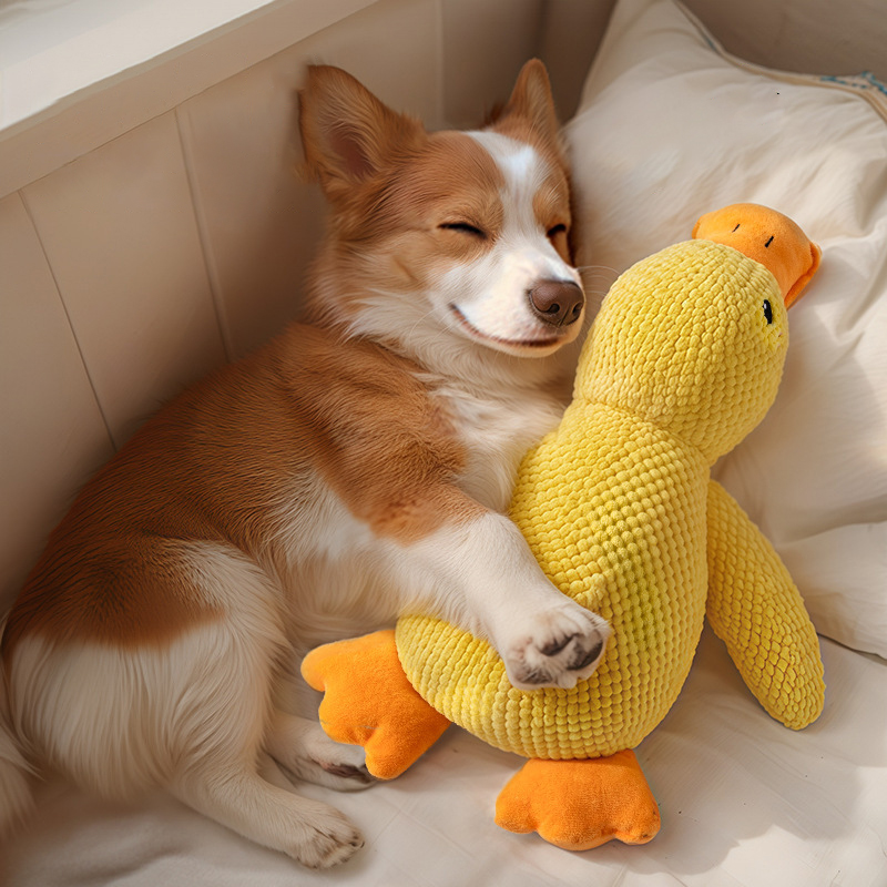 Yellow Plush Luxury Dog Chew Toy Eco-Friendly Squeaky Duck Sleeping Figure Durable Cotton PP Classic Cartoon Animal Print