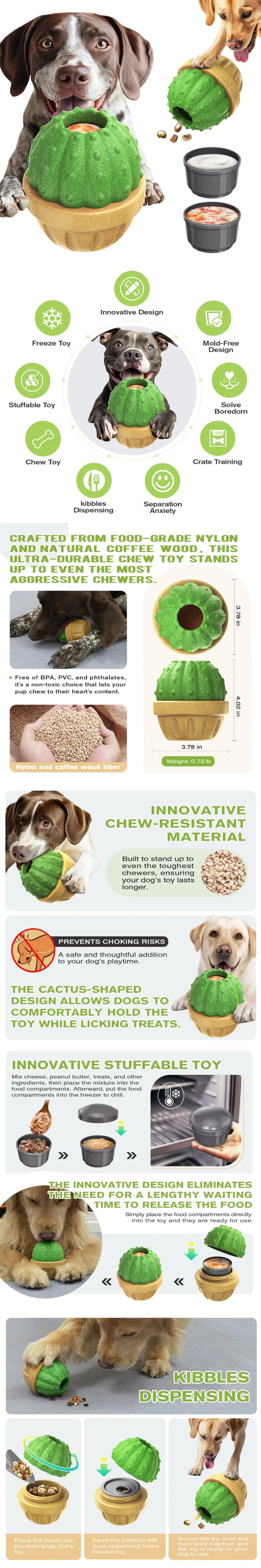 Wholesale Interactive Cactus Shape Dog Pet Treat Dispensing Toy Durable Bite-Resistant Cartoon Green Plant Nylon Dog Chew Toy