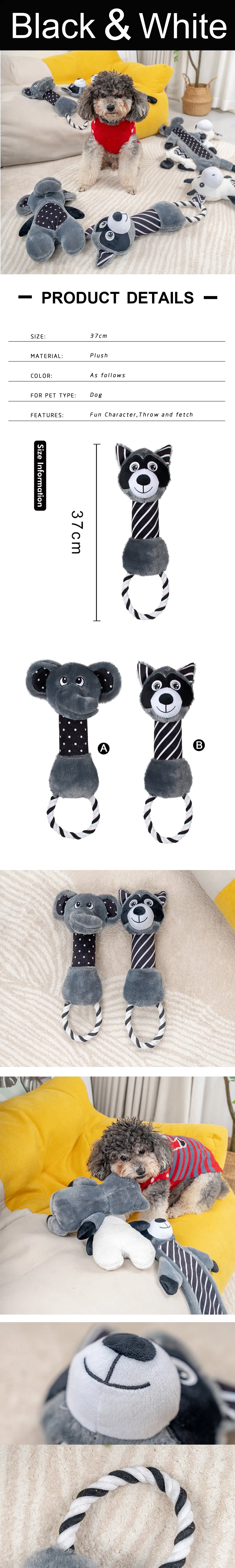 Black White Cute Animal Squeaker Stuffed Soft Classical Print Dog Rope Plush Toy