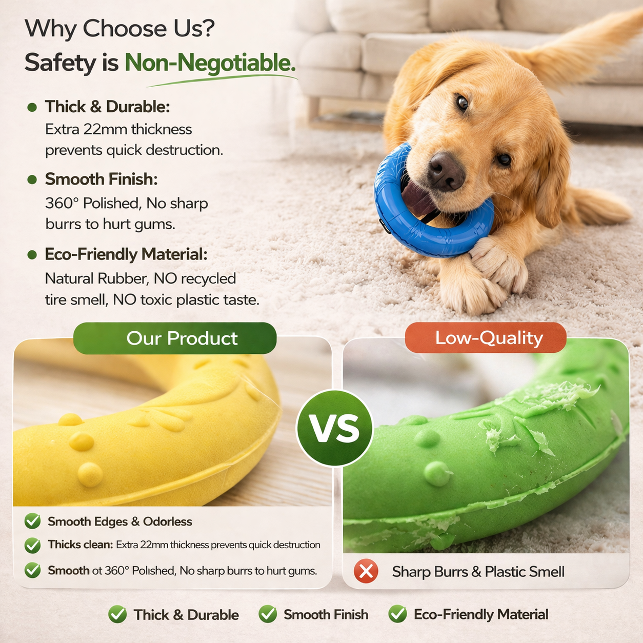 Natural Rubber 22mm Thick Smooth Edge Round Dog Chew Toy Bite Resistant Dog Chew Ring Toy Rubber Dog Chew Toy