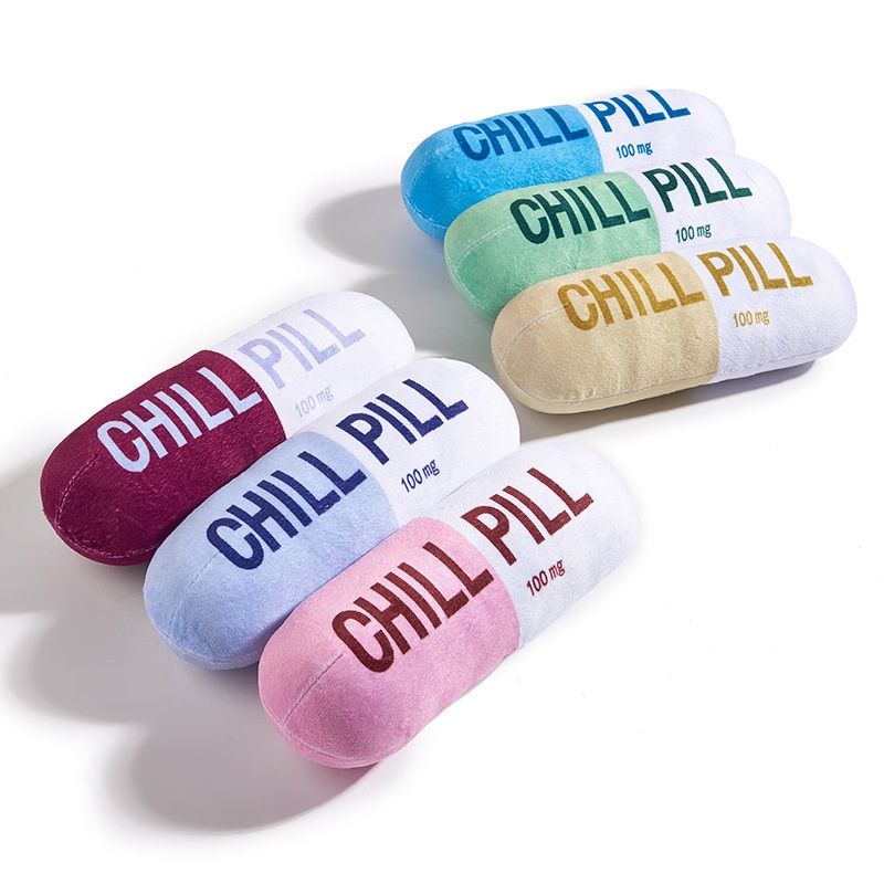 Custom Wholesale Cute Novelty Chill Pill Pet Squeaky Toys Eco-friendly Cartoon Plush Pill Shape Squeak Sound Dog Pet Chew Toy