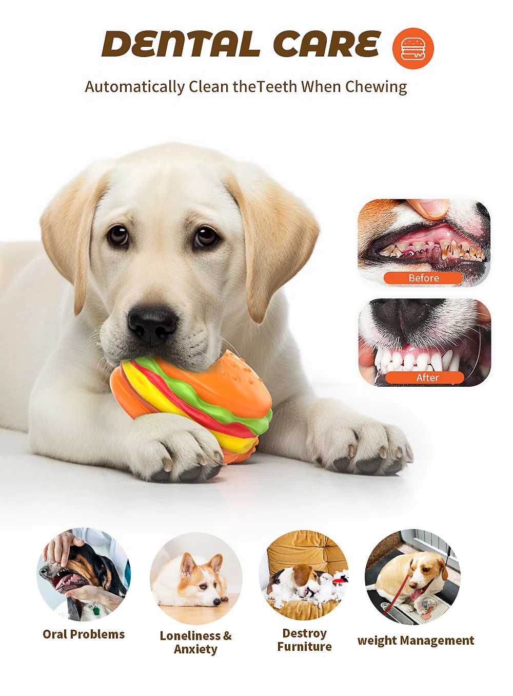 Pet Dog Chew Toys Hamburger Squeaky Dental Care Rubber Chew-Proof Teething Toy
