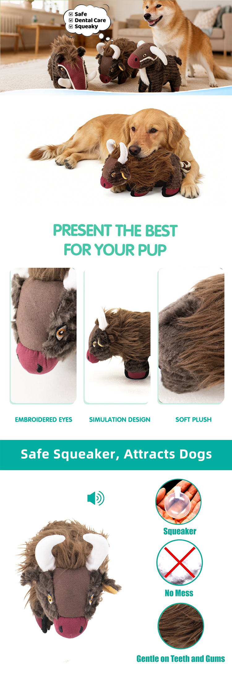Manufacturer Custom Interactive Dog Toy Realistic Bison Plush Dog Chew Toy for Aggressive Chewers