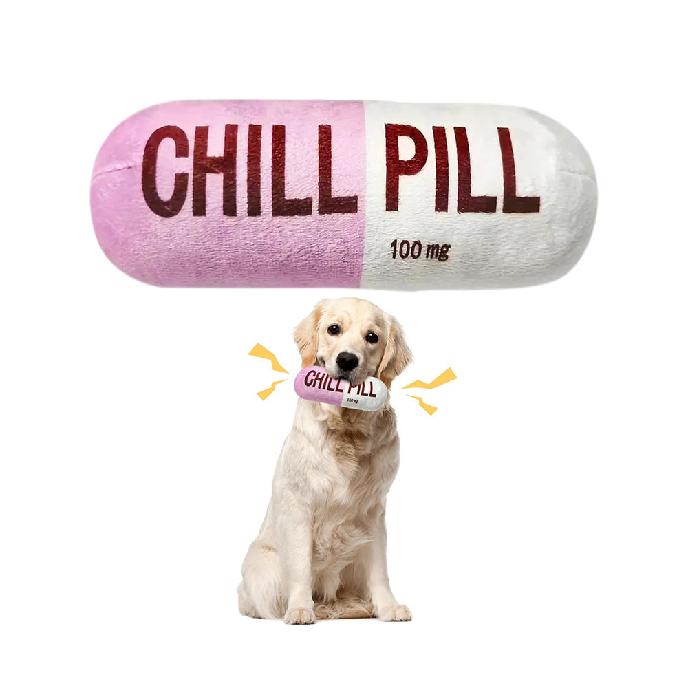 Custom Wholesale Cute Novelty Chill Pill Pet Squeaky Toys Eco-friendly Cartoon Plush Pill Shape Squeak Sound Dog Pet Chew Toy