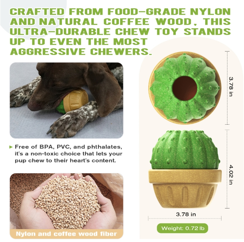 Wholesale Interactive Cactus Shape Dog Pet Treat Dispensing Toy Durable Bite-Resistant Cartoon Green Plant Nylon Dog Chew Toy