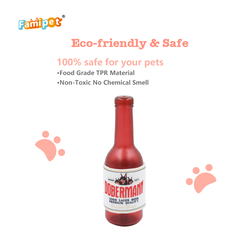 Famipet Custom Wholesale New Beer Bottle Design Durable Non-toxic TPR Indestructible Dog Squeaky Toy Pet Chew Toy for Dog