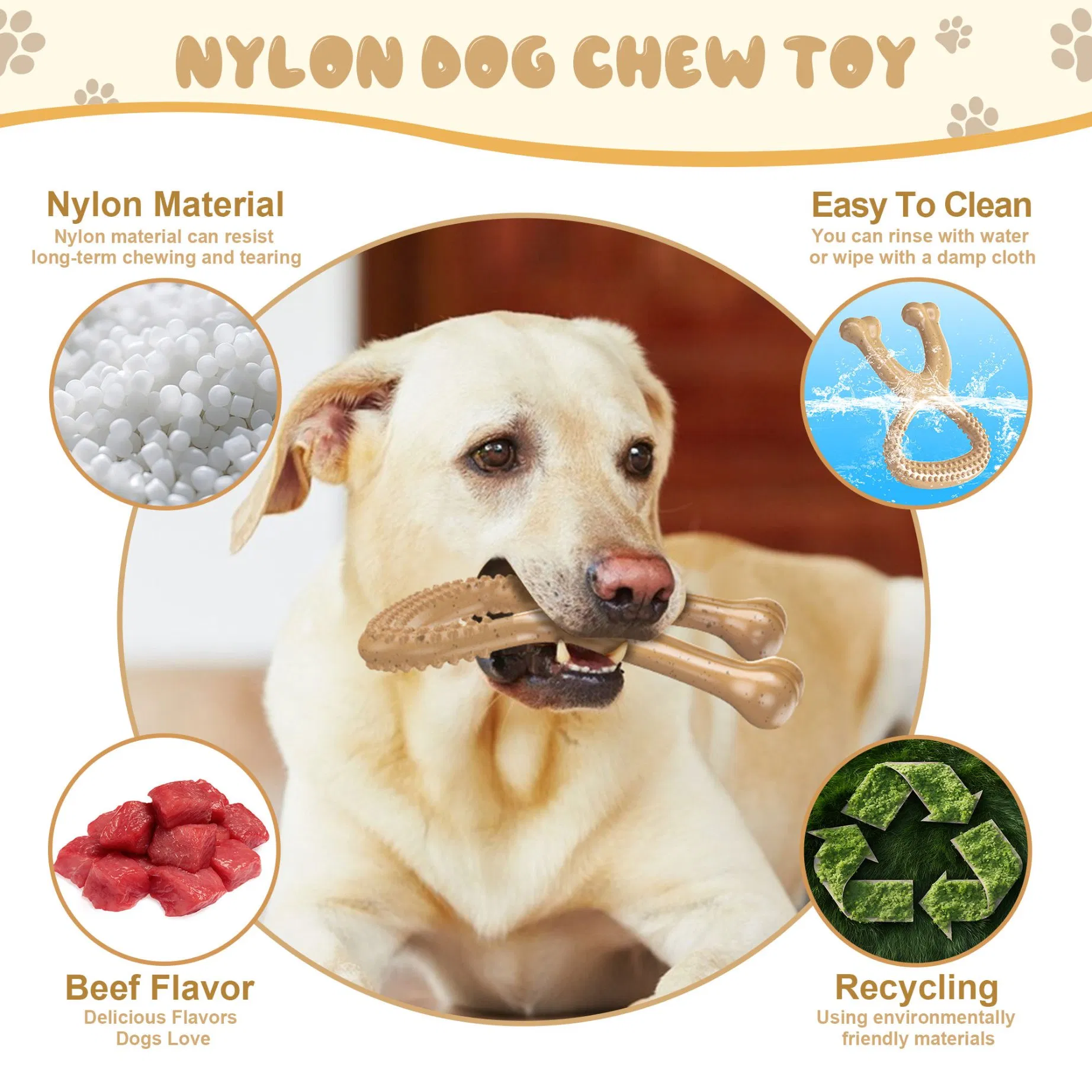 Beef Flavour Dog Chew Toys Nylon Non-Toxic Promotes Dental Health Durable Indestructible Dog Toy for Aggressive Chewers