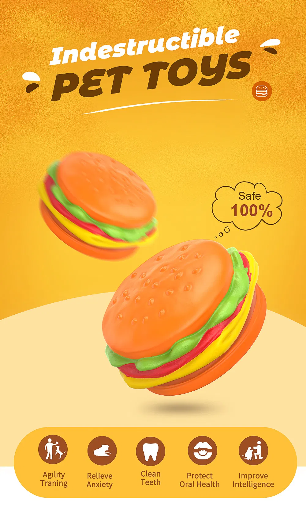 Pet Dog Chew Toys Hamburger Squeaky Dental Care Rubber Chew-Proof Teething Toy
