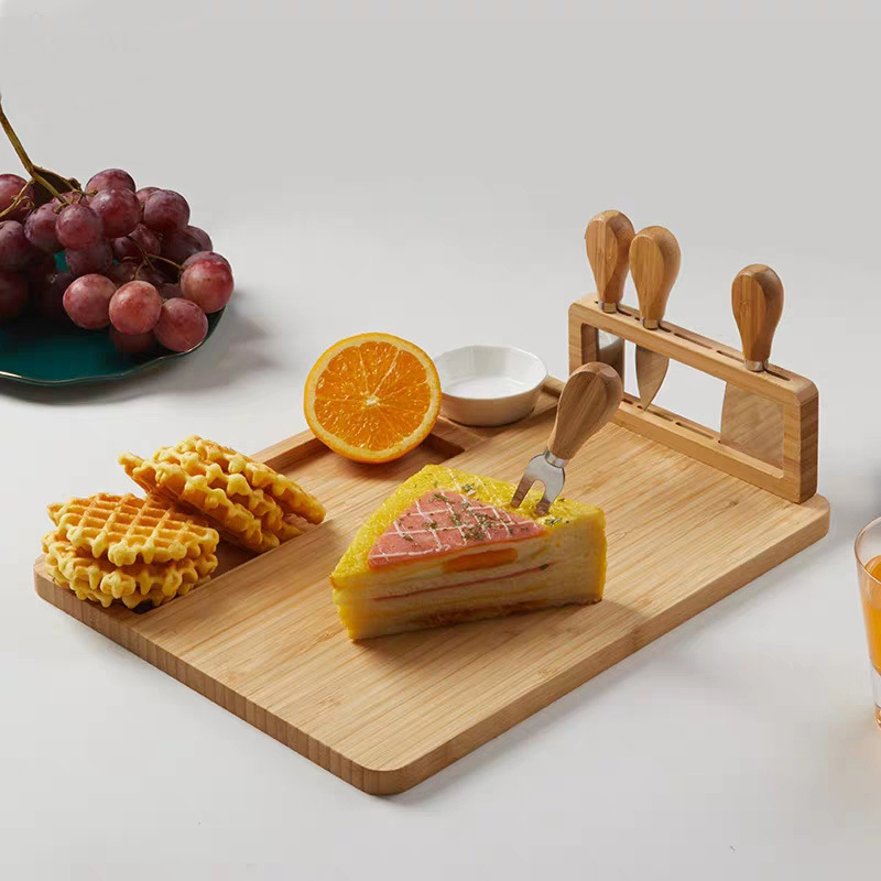 Bamboo Cheese Board Set with 4 Pcs Knife Charcuterie Serving Cutting Board for Home Kitchen Wedding Gift Wholesale FSC