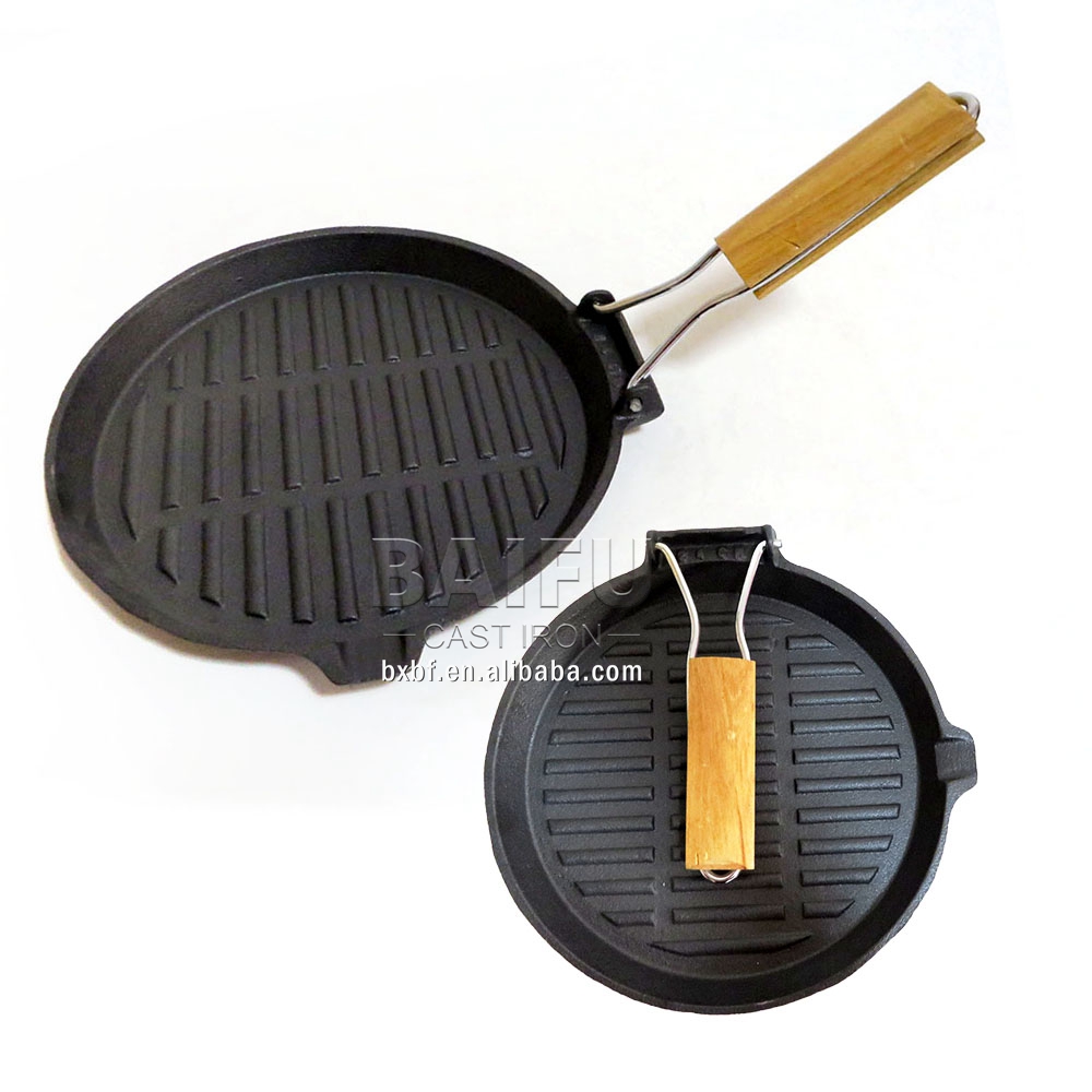 Non-stick Enameled Pre Seasoned Cast Iron Grill Pan with Foldable Wooden Handle BBQ Frying Pan Cast Iron Skillet Outdoor Camping