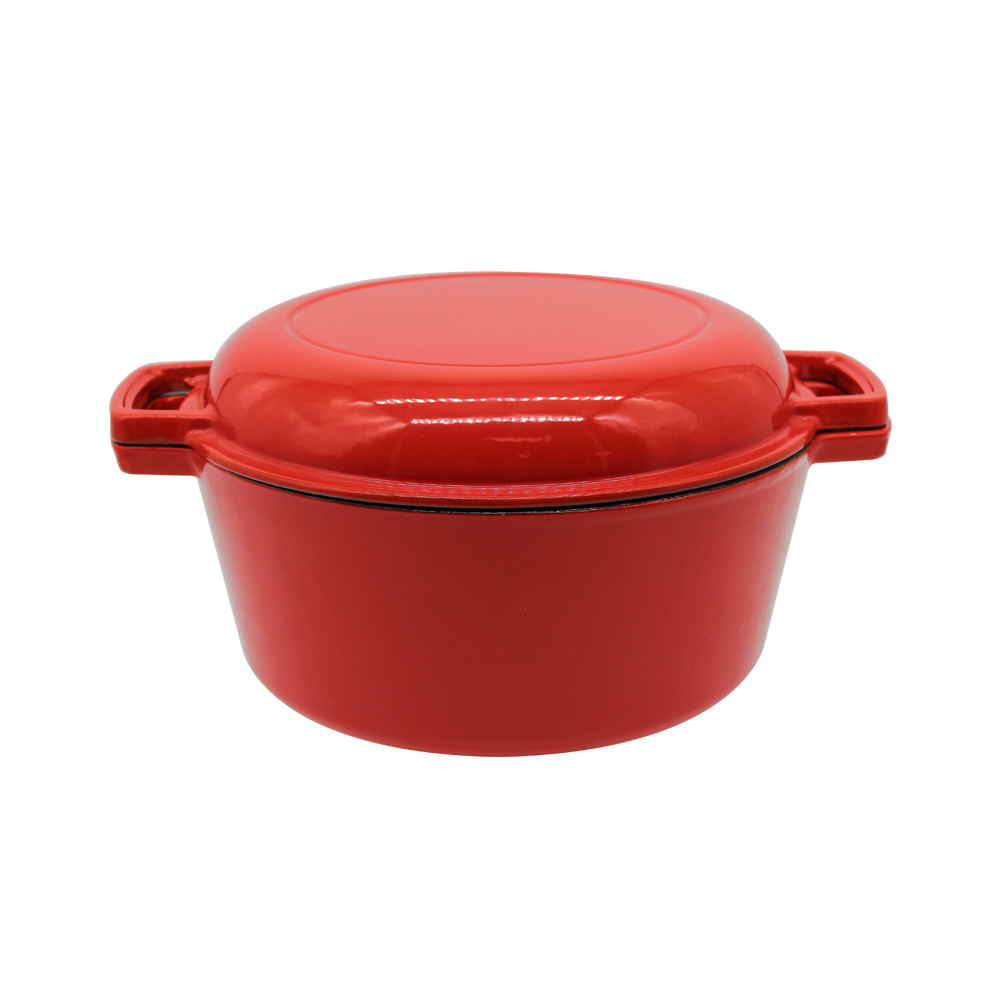 Red Classic Design Cast Iron Dutch Oven Skillet 2-in-1 Combo Cooker with Enamel Coating for Soup Stock Pots Gas Induction Ready
