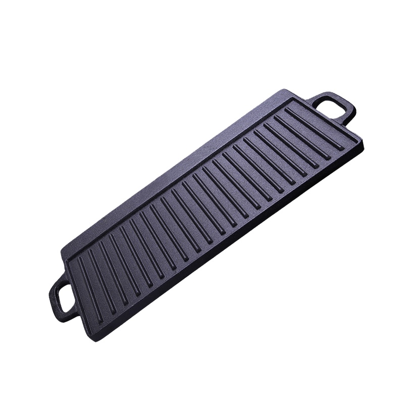 Outdoor Camping Cast Iron Pre-Seasoned Handle Flat BBQ Grill 43*23cm Frying Baking Roasting Griddle Skillet Pans for Cooking
