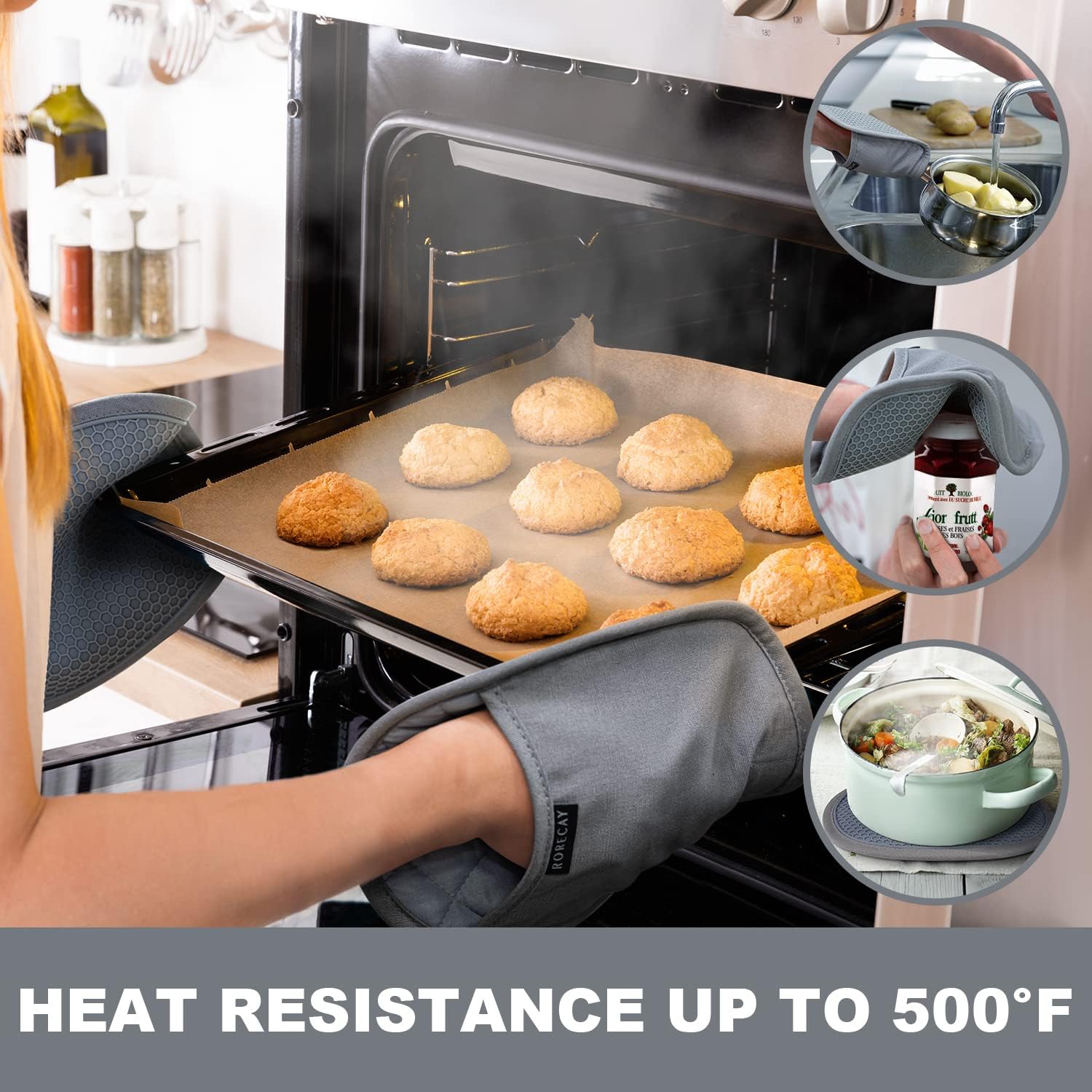 Cotton Oven Mitt Safe Pot Holder Heat Resistant Silicone Trivets with Pocket Quilted Liner for Countertops Hot Pots and Pans