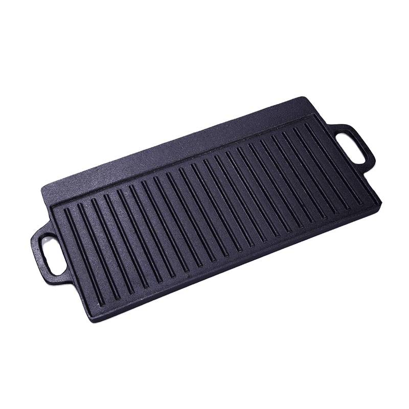 Outdoor Camping Cast Iron Pre-Seasoned Handle Flat BBQ Grill 43*23cm Frying Baking Roasting Griddle Skillet Pans for Cooking