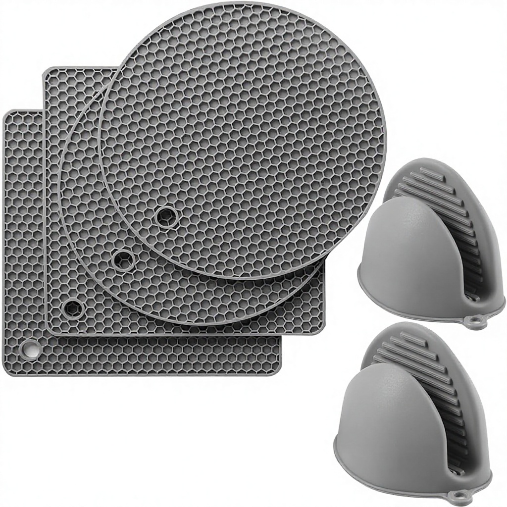 6PCS Silicone Oven Mitts &amp; Pot Holders Set Heat Resistant Non-Slip Trivets Dishwasher Safe 2 Each Grey