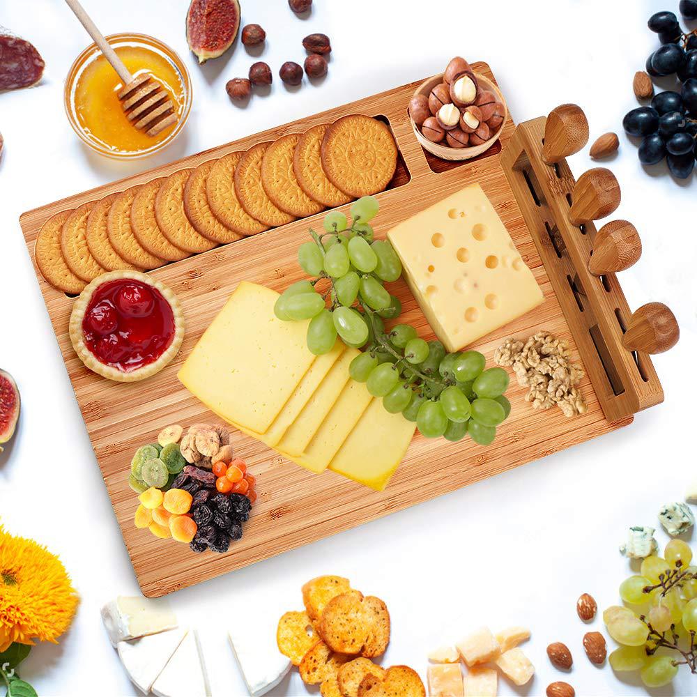 Bamboo Cheese Board Set with 4 Pcs Knife Charcuterie Serving Cutting Board for Home Kitchen Wedding Gift Wholesale FSC