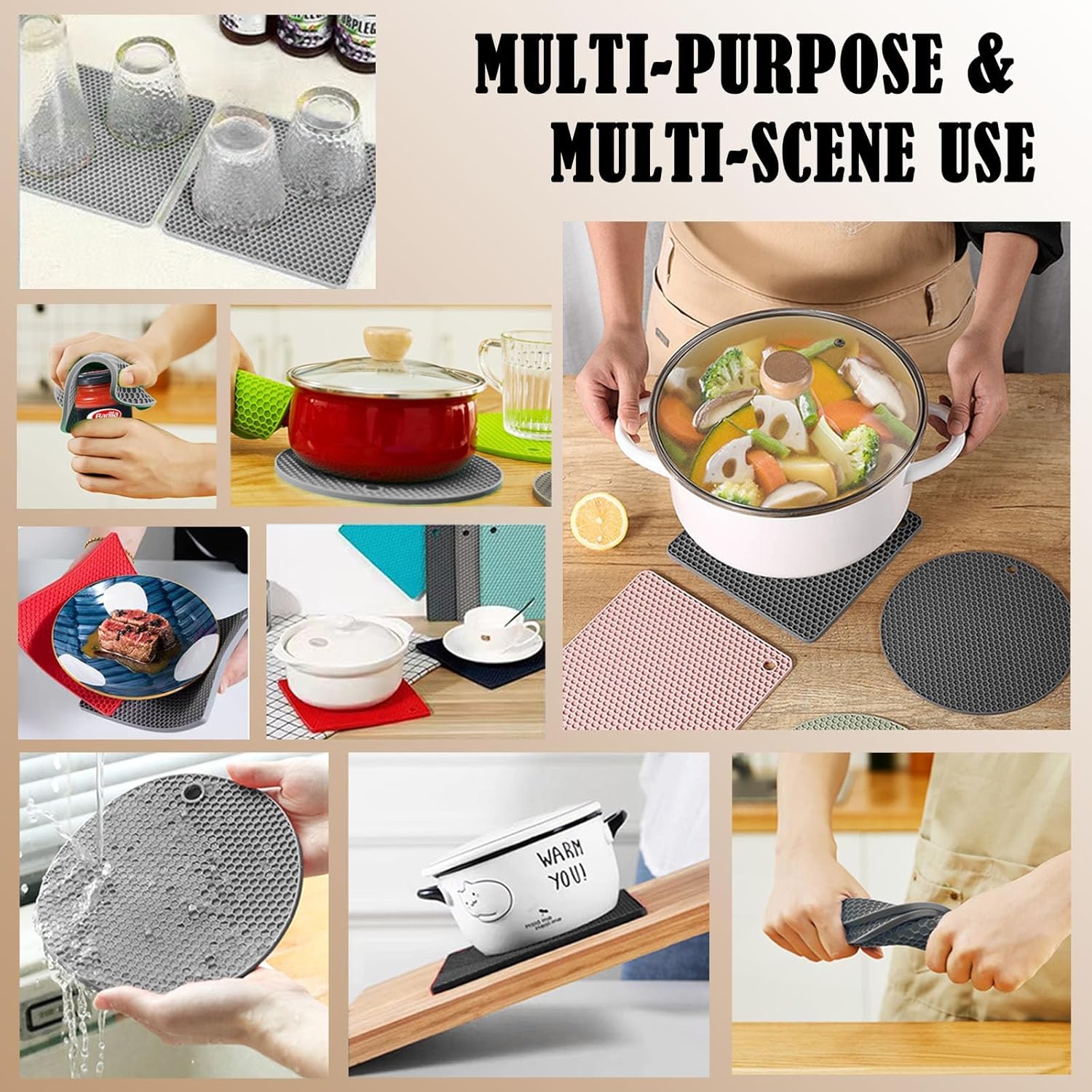 6PCS Silicone Oven Mitts &amp; Pot Holders Set Heat Resistant Non-Slip Trivets Dishwasher Safe 2 Each Grey