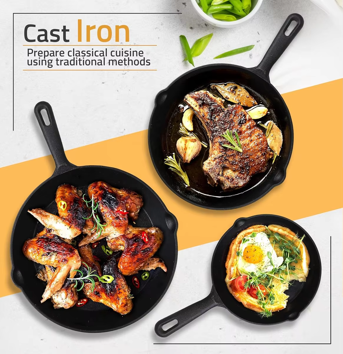 Mini Cast Iron Frying Pan Double Drip 4" 8" 6.3" 5.5" 9.8" 1-2L Capacity Stovetop Grill Induction Durable Easy Custom Logos