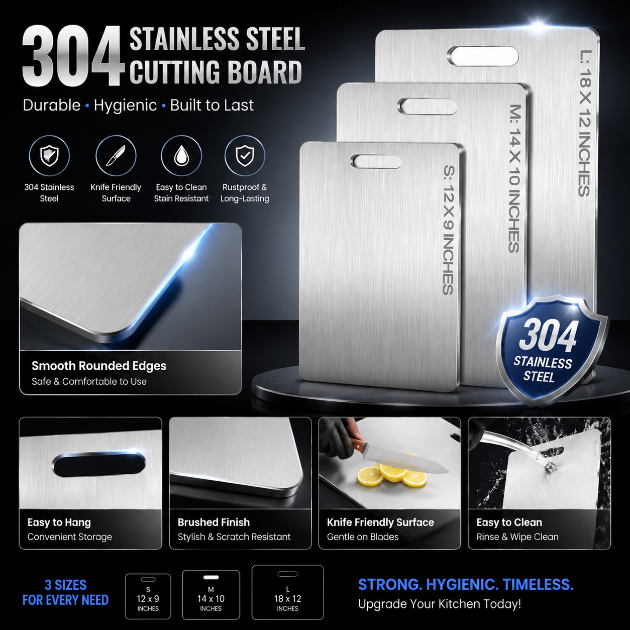 Food Grade 304 Stainless Steel Chopping Board Professional Metal Kitchen Cutting Board,Anti-bacterial Mold-proof Dishwasher Safe