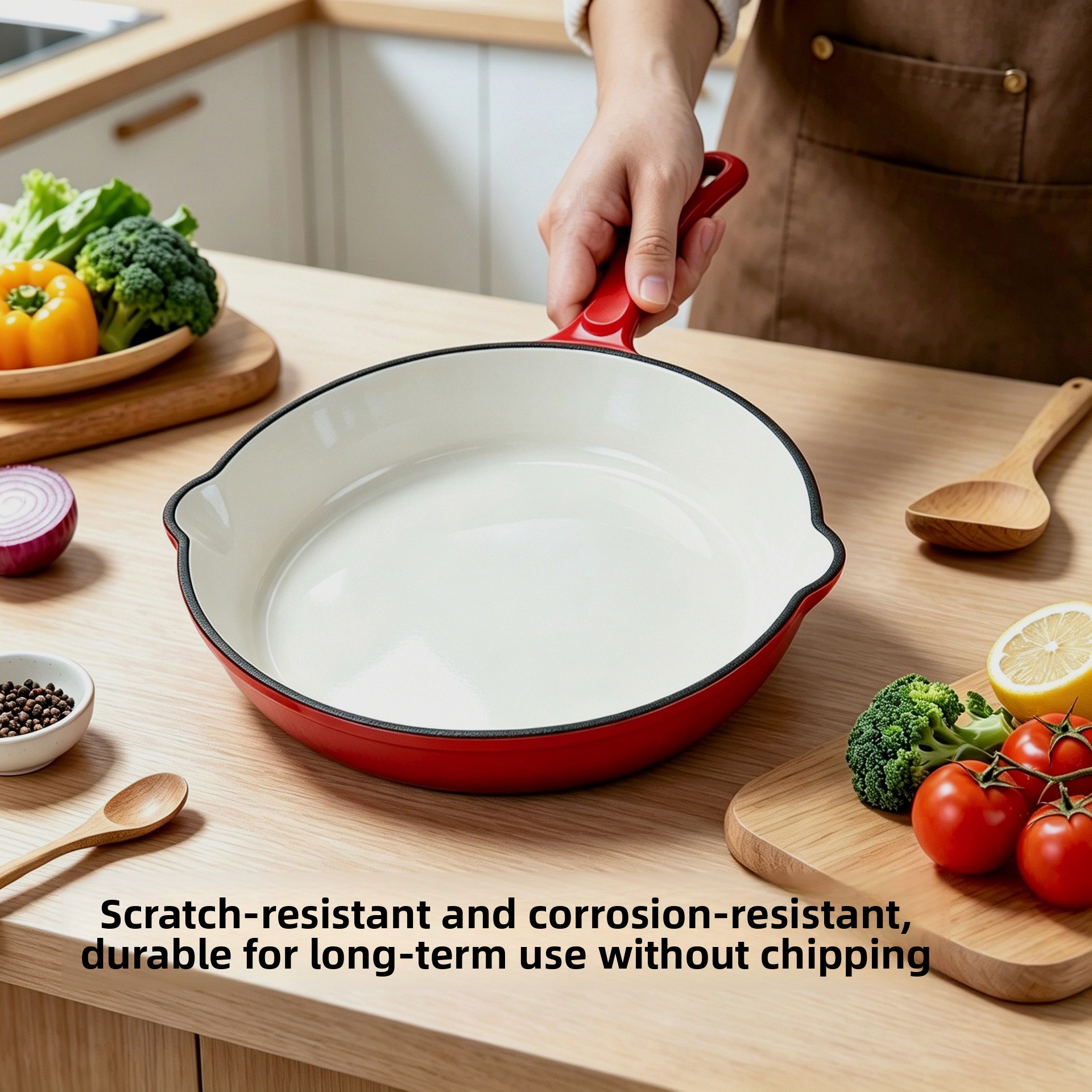 Round Enameled Cast Iron Frying Pan, Metal Kitchen Skillet Multi-use Cooking Cookware