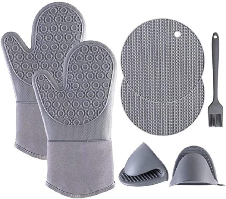Heat Resistant 7PCS Set Silicone Oven Mitts Mini Pinch Mitts Hot Pads Potholders Trivet Mats Basting Brush for Baking Cooking
