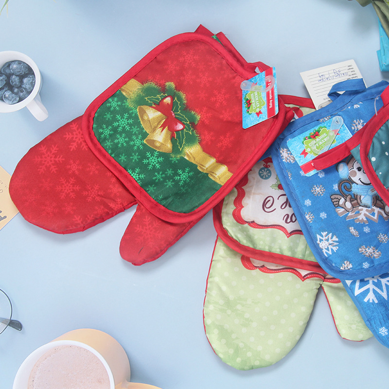 WML053 Custom Printed New Christmas Kitchenware 2-Piece Set Heat Resistant Gloves Table Trivets Kitchen Baking Oven Mitts