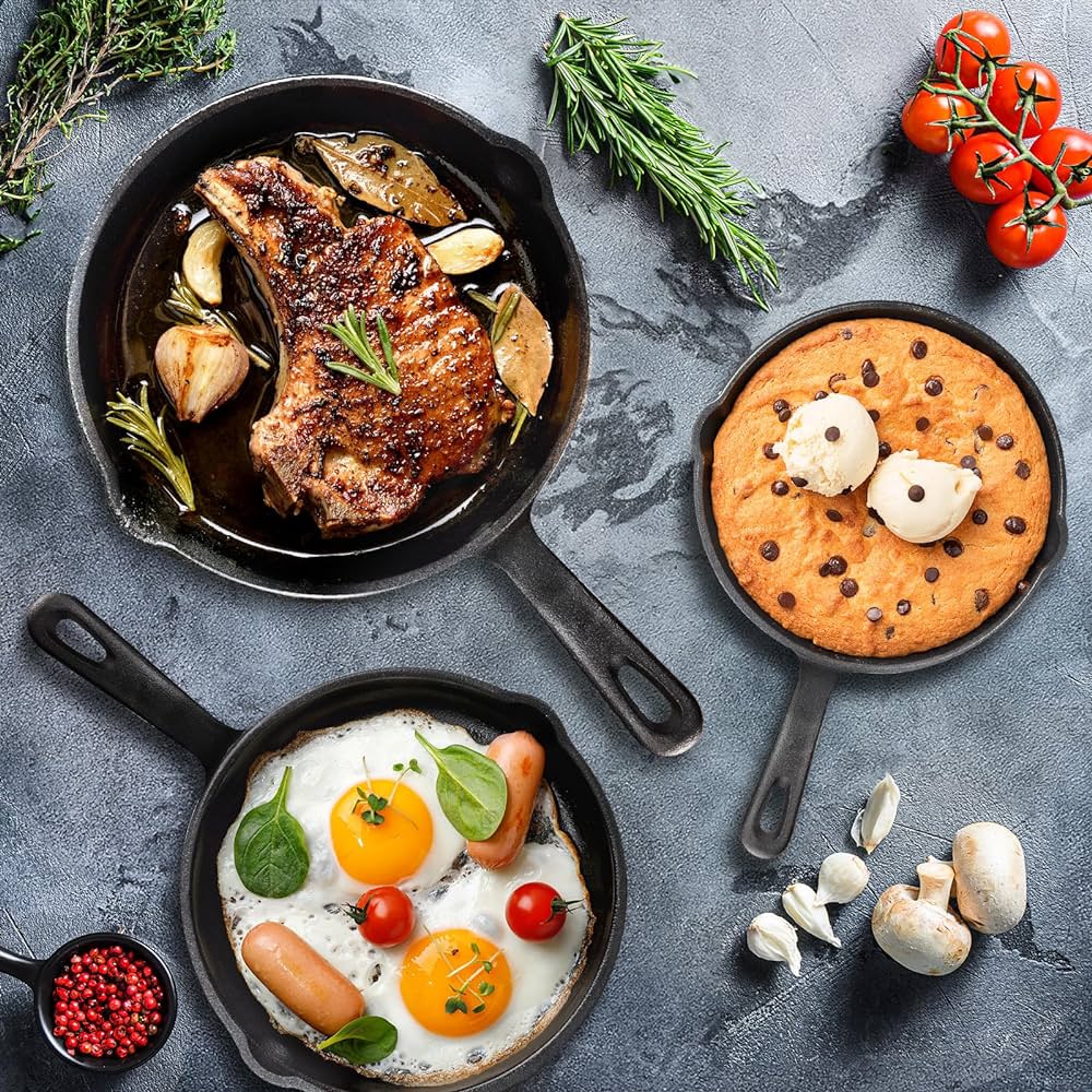 Non-Stick Pre-Seasoned 6/8/10 Inch Cast Iron Skillet Set with Safe Handles for Healthy Family Meals
