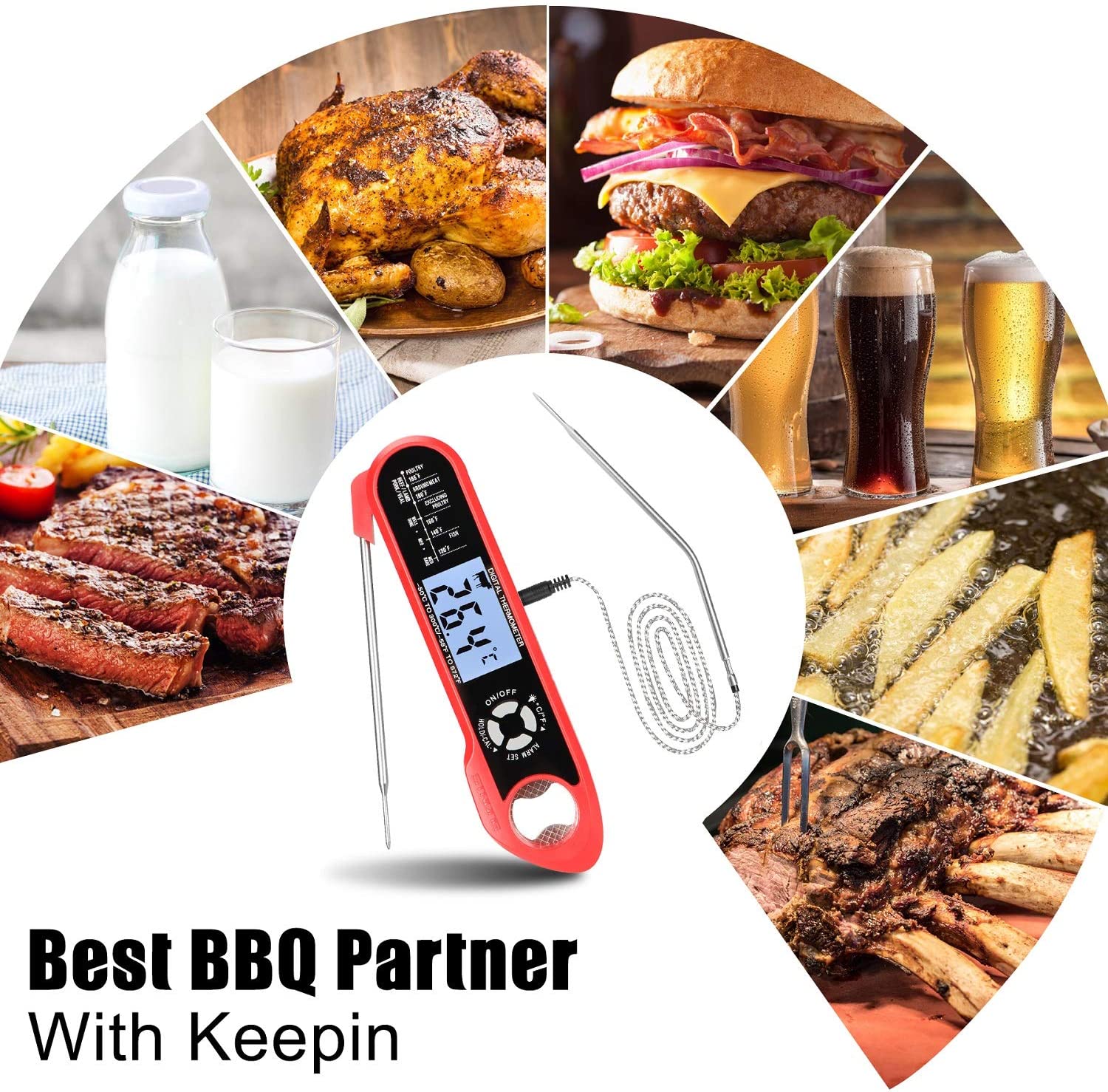 Meat Thermometer , Oven Safe 2 in 1 Dual Probe Digital Food Thermometer with Alarm Backlight for Kitchen Cooking Grill