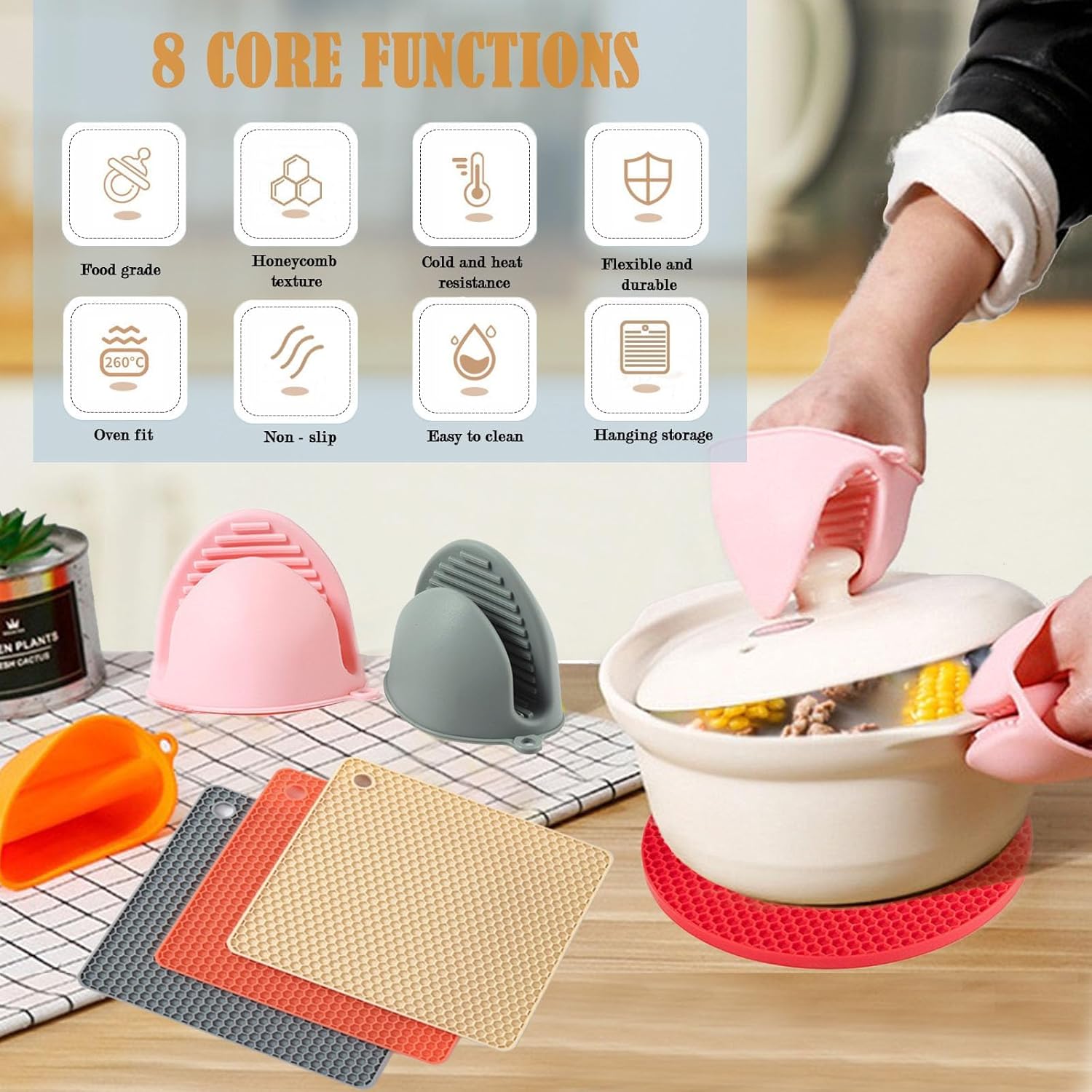 6PCS Silicone Oven Mitts &amp; Pot Holders Set Heat Resistant Non-Slip Trivets Dishwasher Safe 2 Each Grey